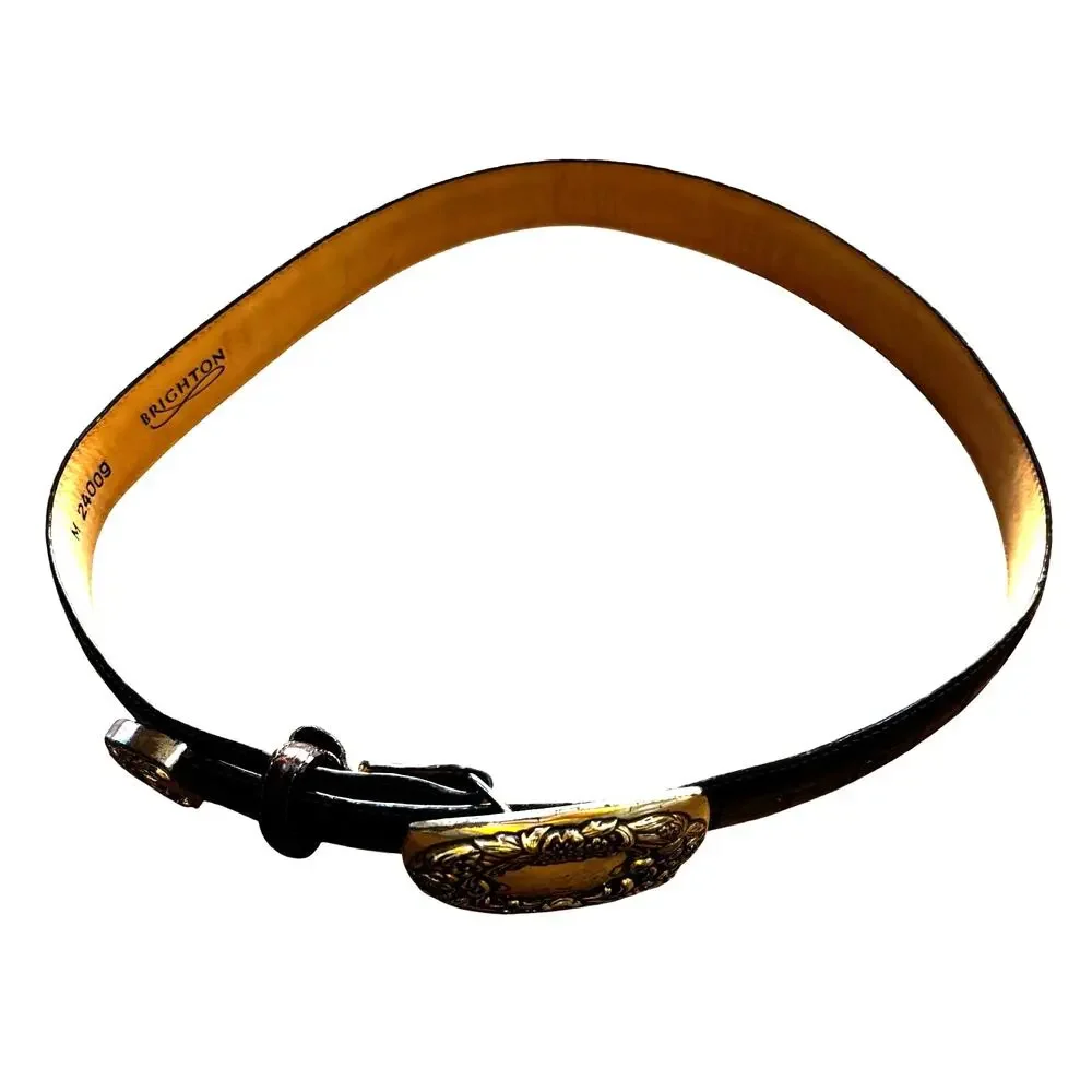 Vintage Brighton brown leather belt with large silver metal floral buckle M